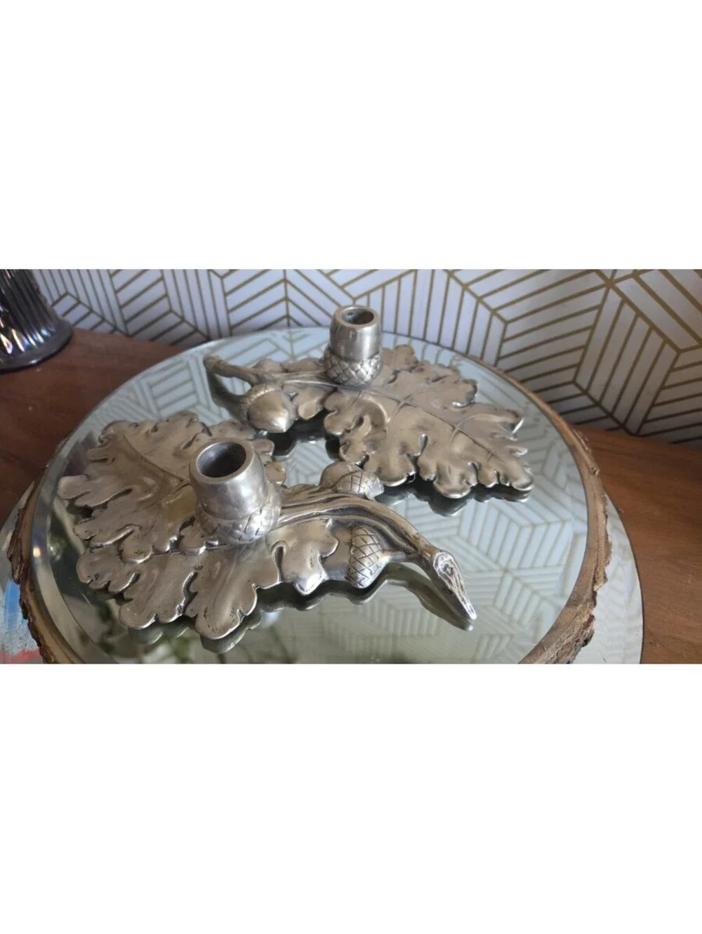 Vintage Aluminum Pair Bruce Fox Design Acorn Oak Leaf Candlestick Holders Signed